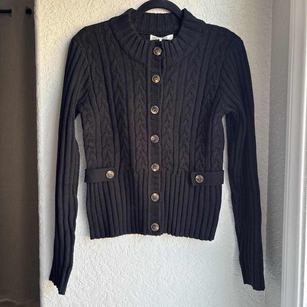 Grace Karin Womens S Cable Knit Cardigan Sweater‎ Black Button Front Mock Neck